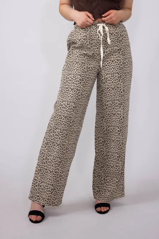 Leopard Print Drawstring Pants for Women in Brown | NP70768