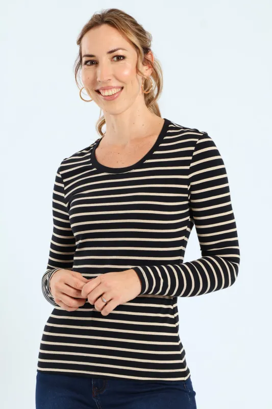 Cotton Lycra Striped Crew Top - Black/Tan sold by Edgars
