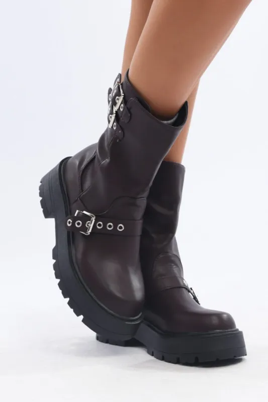 Brown Buckle Detail Biker Boots sold by Ally Fashion