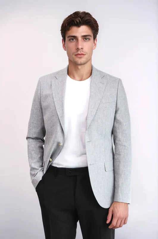 Grey Textured Linen-Feel Gold Metal Button Slim Fit Men's Blazer Jacket - Wessi sold by Wessi