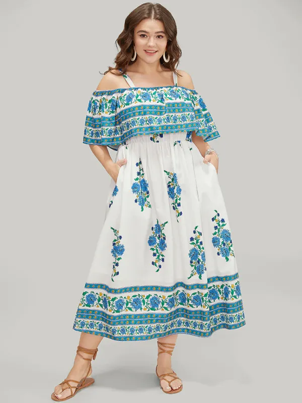 Bandana Print Flutter Pocket Cold Shoulder Dress sold by Bloomchic