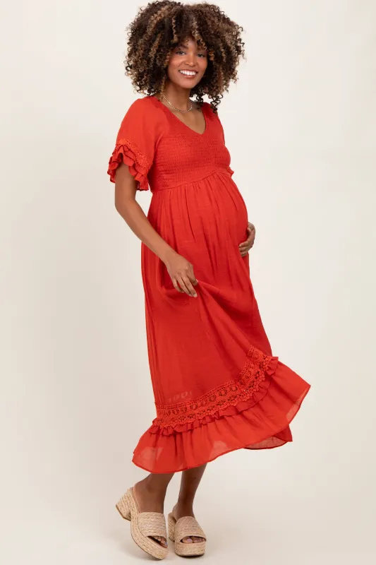 Rust Smocked Crochet Ruffle Trim Maternity Midi Dress sold by Pinkblush