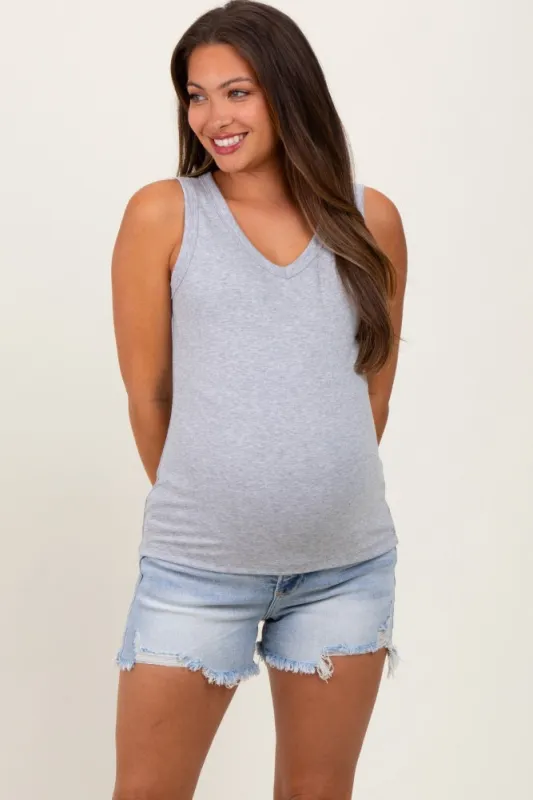 Light Blue High Rise Fringe Maternity Shorts sold by Pinkblush
