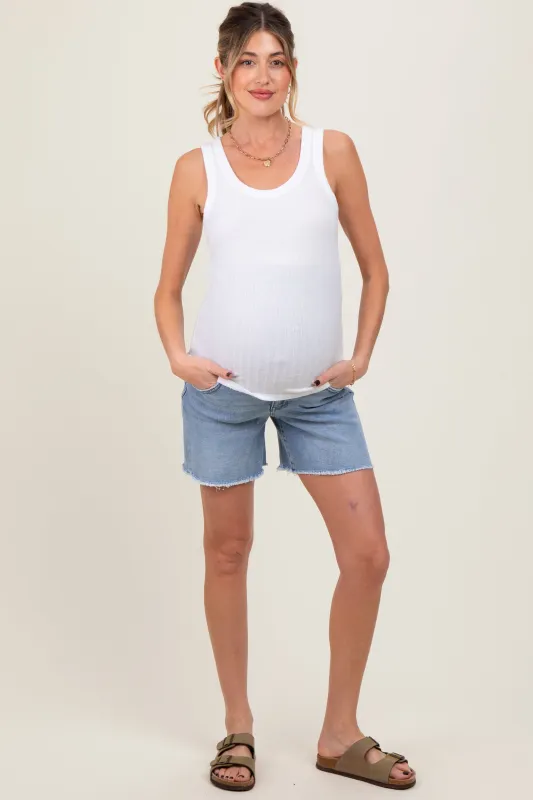 Blue High Rise Distressed Maternity Denim Shorts sold by Pinkblush