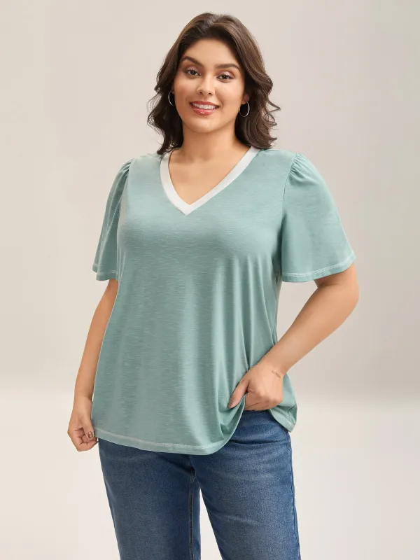 Color Contrast Bamboo Textured T-Shirt sold by Bloomchic
