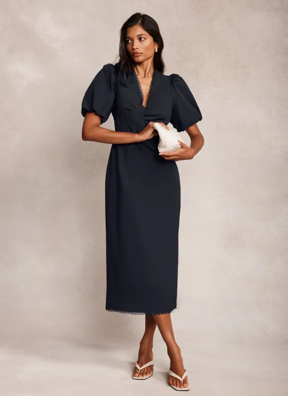 Navy Puff Sleeve Midi Dress sold by Mint Velvet