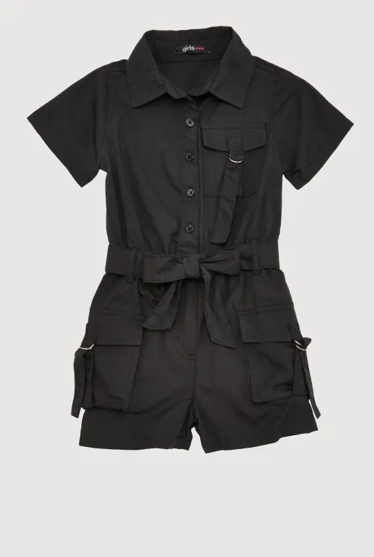 Little Girls Tie Waist Belted Utility Romper sold by Rainbow