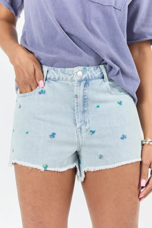 Faded Gardens Light Wash Floral Embroidered Denim Shorts sold by Pink Lily