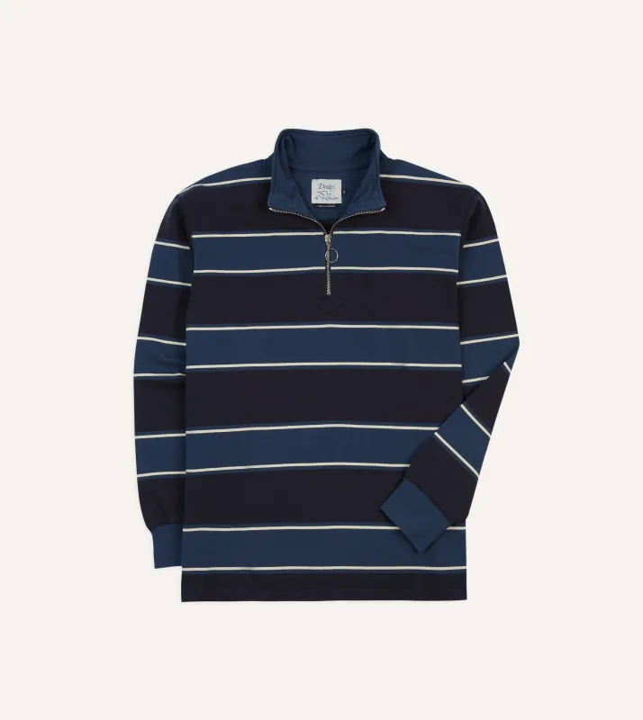 Drake's by A. Levine Navy Stripe Cotton Quarter Zip Rugby Shirt sold by Drake's London