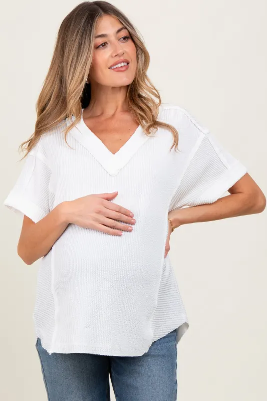 White Ribbed Raw Hem Maternity Short Sleeve Top sold by Pinkblush