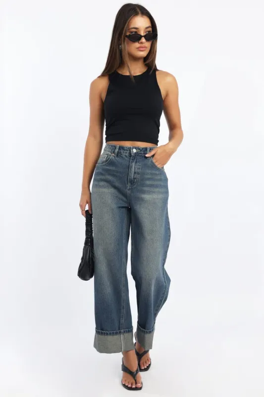 Denim Straight Jeans Fold Up sold by Ally Fashion