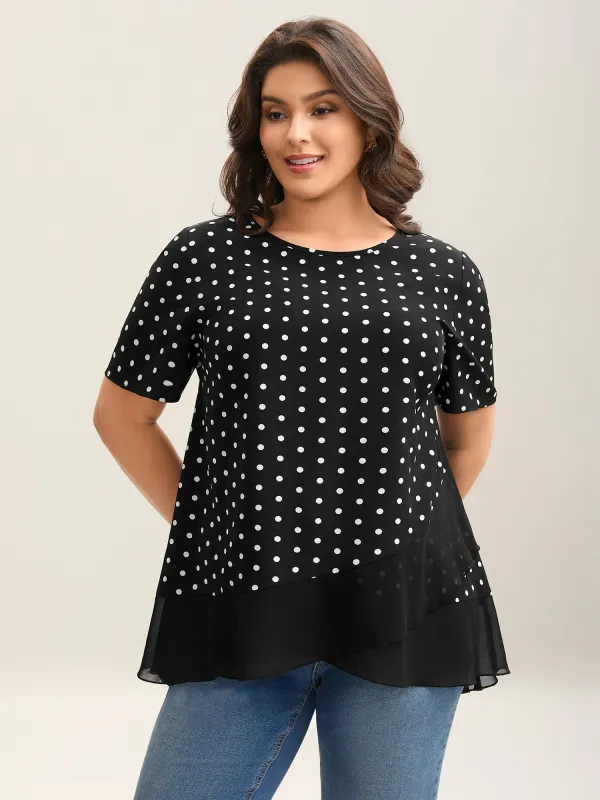 Polka Dots Spliced Ruffled Hem Shirt sold by Bloomchic