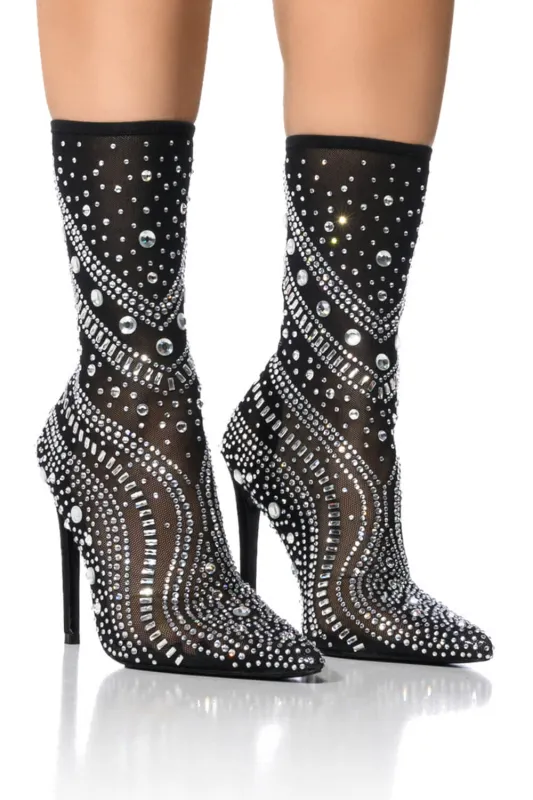 Crystal-Embellished Mesh Mid-Calf Pointed Toe Stiletto Heel Bootie sold by Floralkini