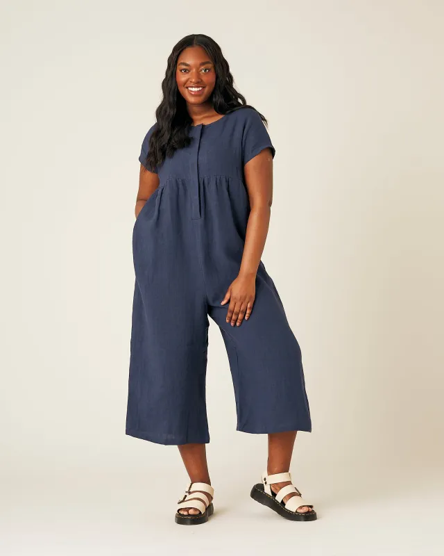 Sahara Navy Linen Jumpsuit sold by Beyond Nine