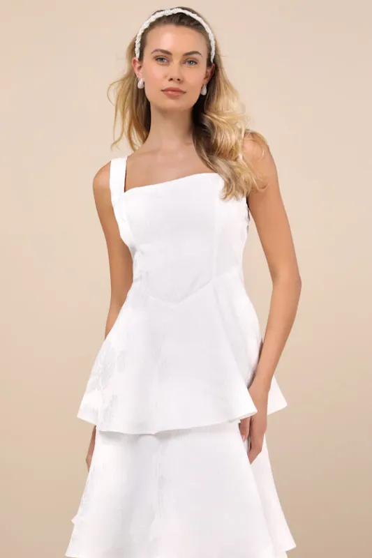 Elinore White Jacquard Tiered Midi Dress sold by Lulus