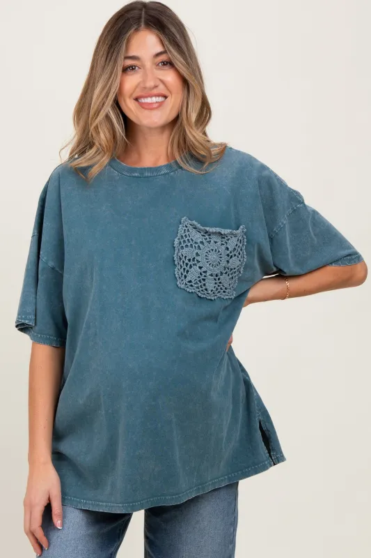 Deep Teal Mineral Wash Crochet Pocket Maternity Top sold by Pinkblush