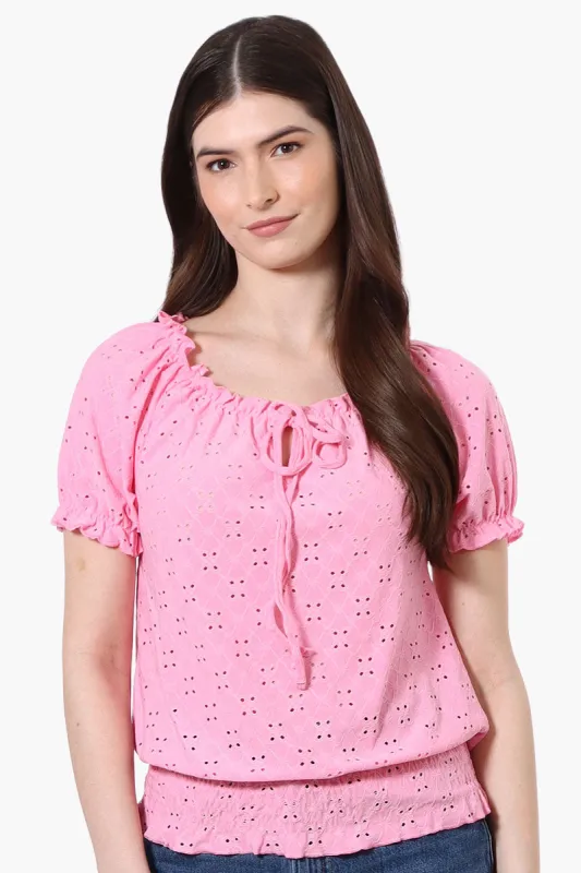 Urbanology Eyelet Drawstring Neck Blouse - Pink sold by Fairweather