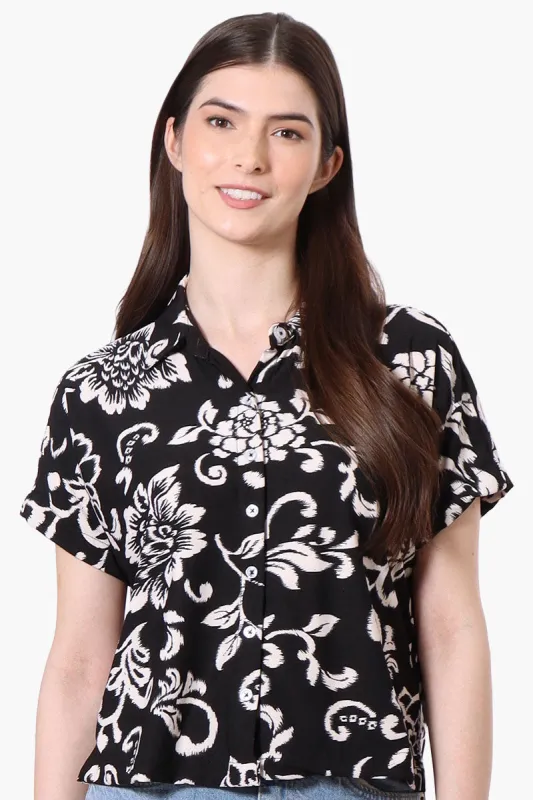International INC Company Leaf Pattern Button Up Cropped Shirt - Black sold by Fairweather