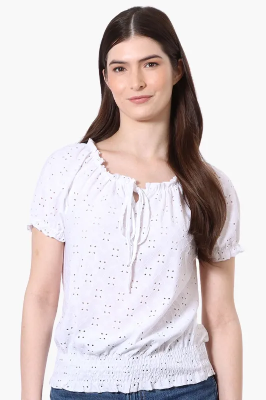 Urbanology Eyelet Drawstring Neck Blouse - White sold by Fairweather