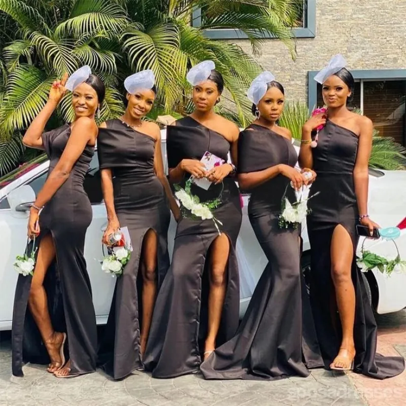 One Shoulder Beach Black Satin Bridesmaid Dresses with Slit sold by My Chic Dress