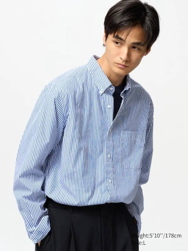 Uniqlo - Cotton Broadcloth Shirt (stripe, Button-down Collar) - Green sold by Uniqlo