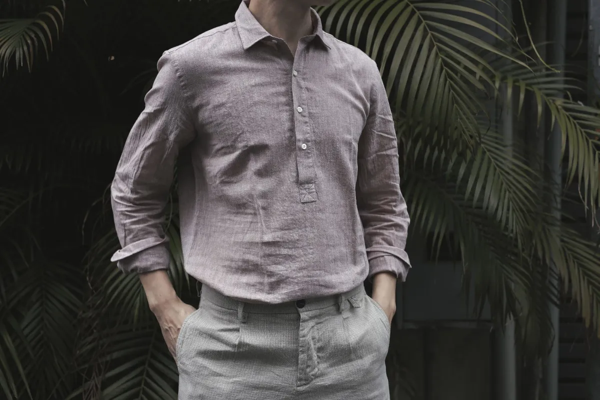 【ABCL Garments】POP OVER Chambray Washer Dusty Pink 棉麻水洗褪粉色半開領襯衫 sold by Blue Beach Denim