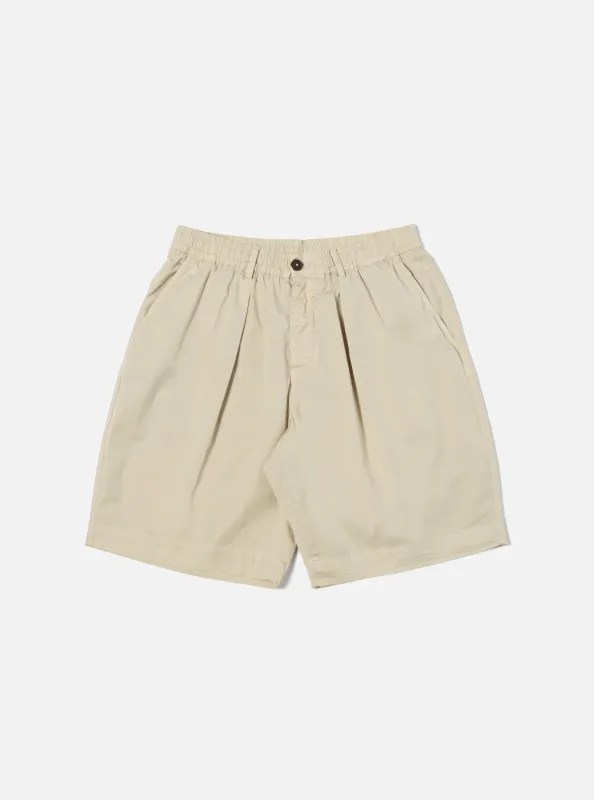 【Universal Works】Pleated Track Short In Stone Paper Touch Cotton / 絲質客製棉布 寬鬆短褲 sold by Blue Beach Denim