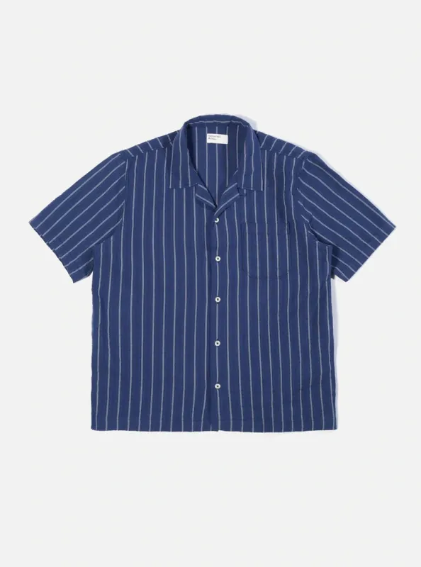 【Universal Works】Road Shirt In Navy Maui Stripe／海軍直條紋 50s開領短袖襯衫 sold by Blue Beach Denim