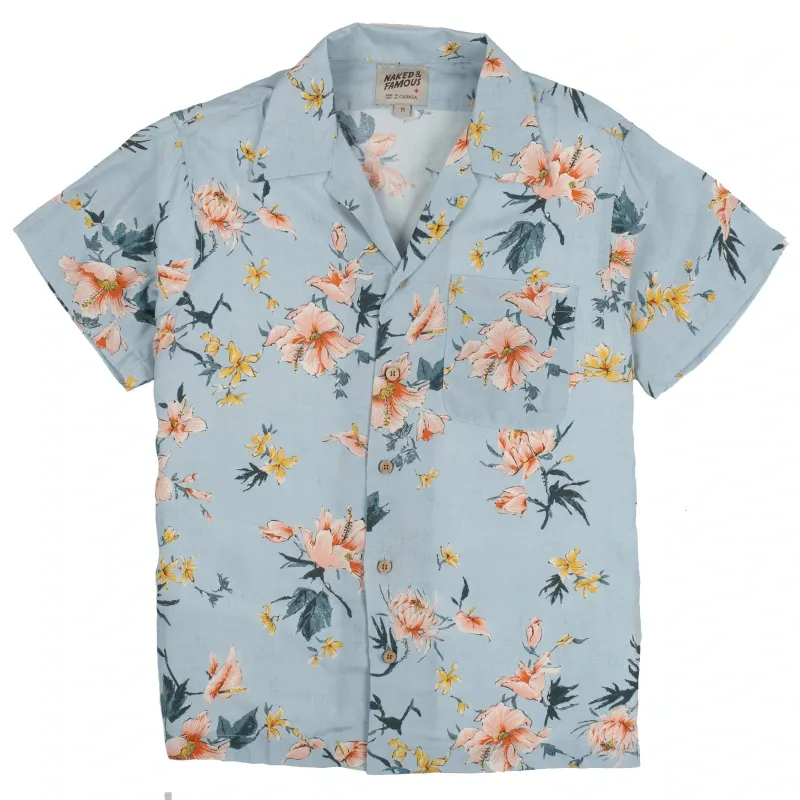 【Naked and Famous】Aloha Shirt Silky Flowers - Pale Blue／絲質夏威夷灰藍花襯衫 sold by Blue Beach Denim