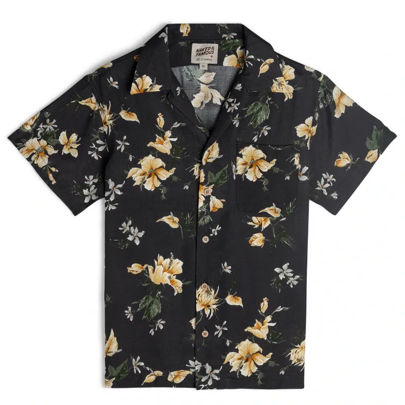 【Naked and Famous】Aloha Shirt Silky Flowers - Black／絲質夏威夷黑色花襯衫 sold by Blue Beach Denim