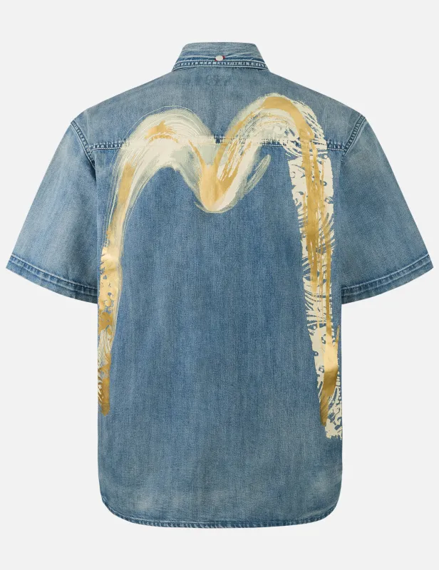 Artistic Brush Daicock Print Relax Fit Denim Short-Sleeves Shirt sold by Evisu