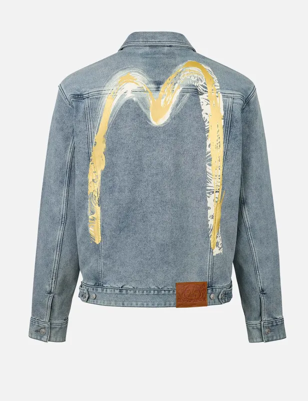 Artistic Brush Daicock Print Relax Fit Denim Jacket sold by Evisu