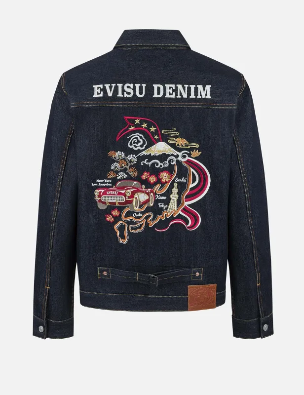 Map Appliqué Embroidery Regular Fit Denim Jacket sold by Evisu