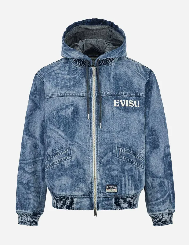 Fisherman Godhead Laser Print Loose Fit Hooded Denim Jacket sold by Evisu