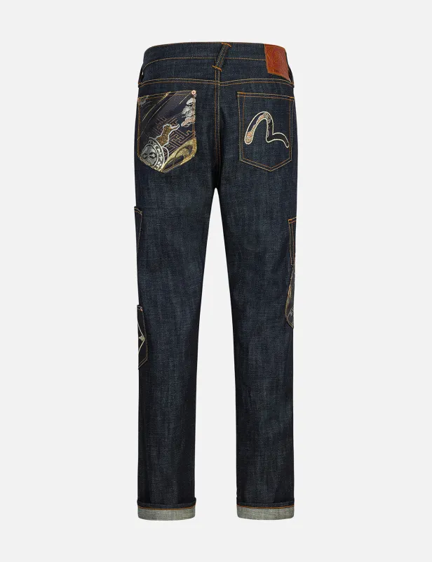 Multi-Pocket with Brocade Patch Regular Fit Jeans #2000 sold by Evisu