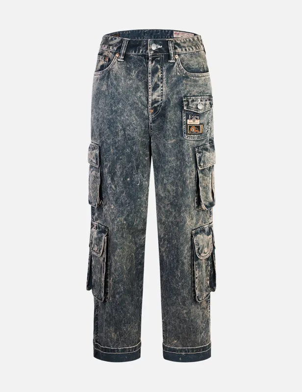 Seagull Print and Multi-Pockets Acid Wash Baggy Cargo Jeans sold by Evisu