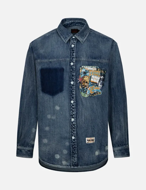 Lucky Slot Machine and Daruma Print Relax Fit Denim Shirt sold by Evisu