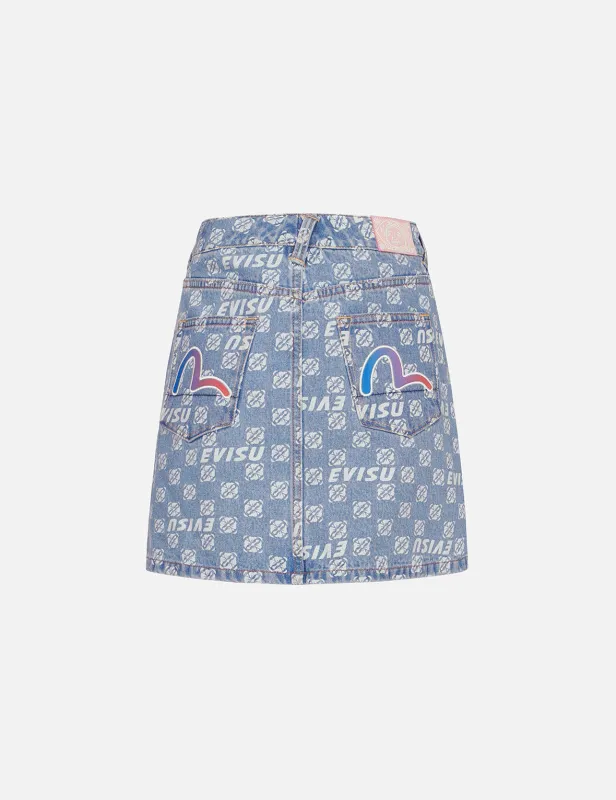 Allover Logo and Kamon print Relax Fit Denim Skirt sold by Evisu