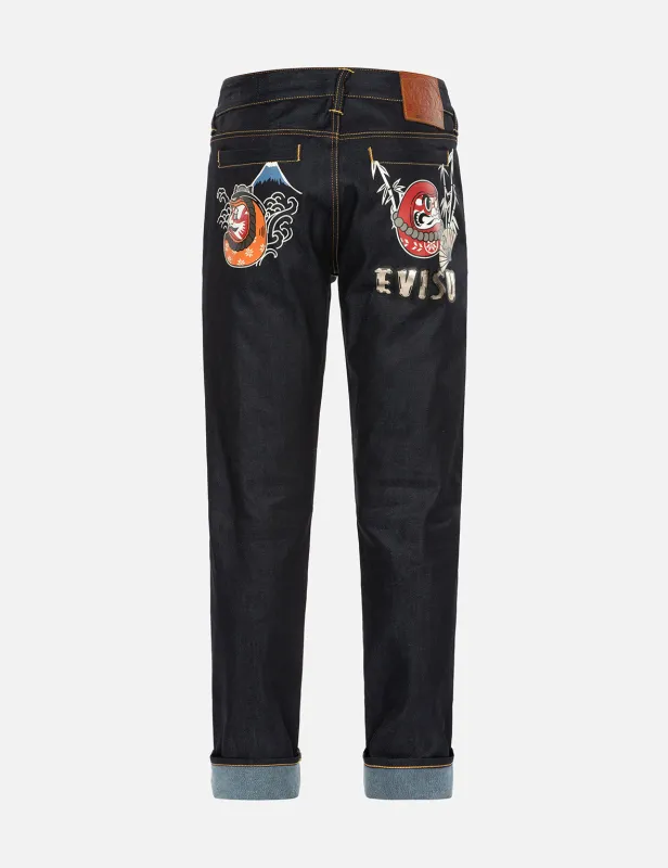 Kumadori Daruma Print Carrot Fit Denim Jeans #2017 sold by Evisu