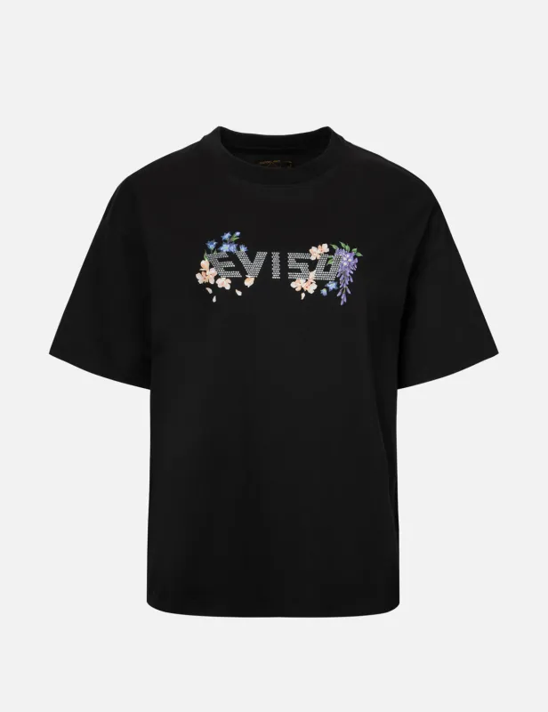 Floral Print and Rhinestone Logo Oversized T-shirt sold by Evisu