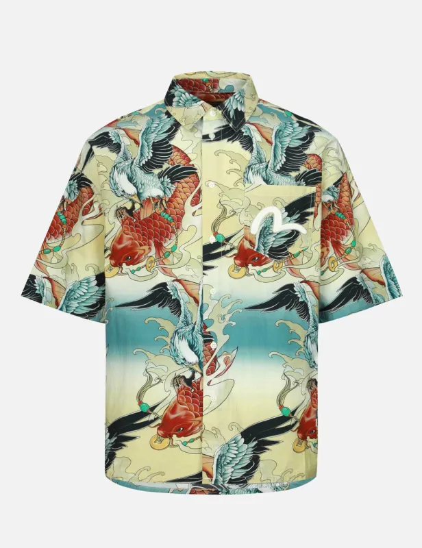 Colorful Seagull and Carp Print Loose Fit Short Sleeve Shirt sold by Evisu