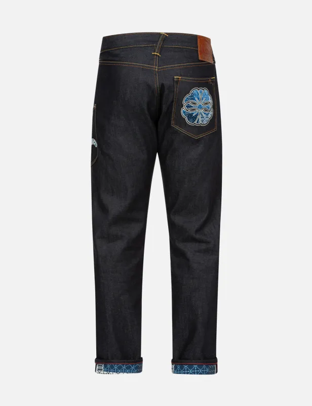 Seagull and Kamon Sashiko Embroidery Carrot Fit Jeans #2017 sold by Evisu