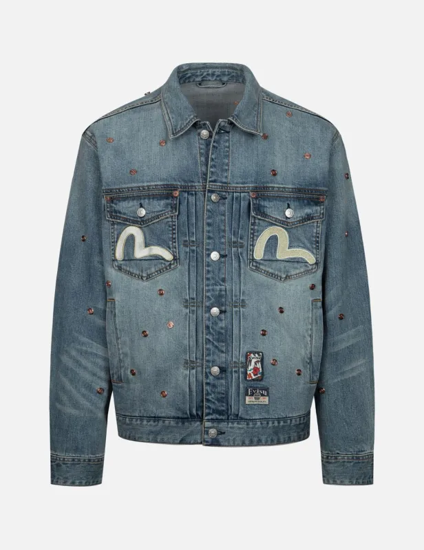 Allover Rivets and Seagull Applique Relax Fit Denim Jacket sold by Evisu
