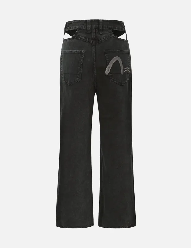 Rhinestone Embellished and Heart Shape Cut-Out Wide Leg Jeans sold by Evisu