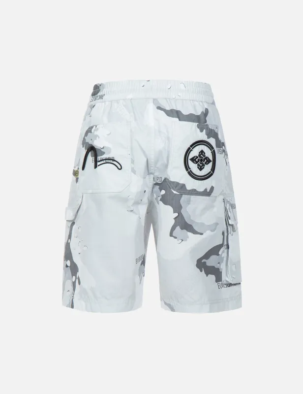 Seagull and Kamon Embroidered Camouflage Print Shorts sold by Evisu