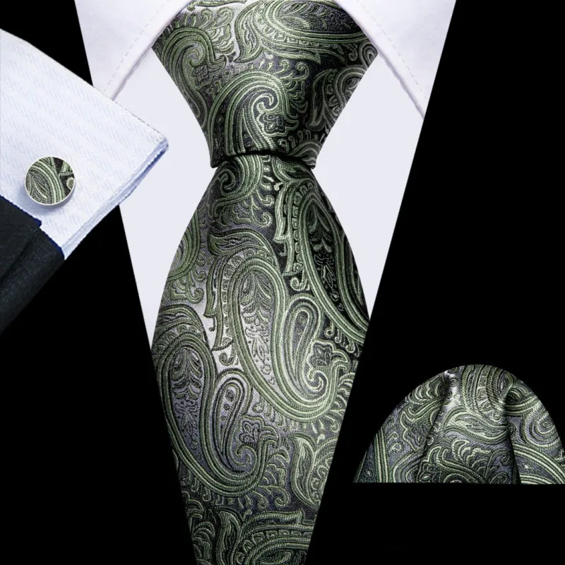 Barry Wang Paisley Tie Grey and Sage Green Paisley Pattern Tie Set sold by Barrywang