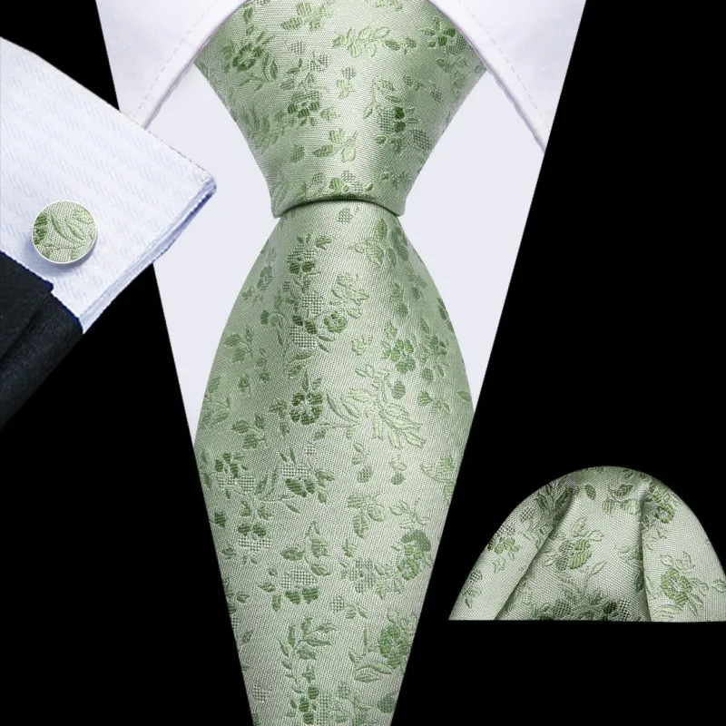 Barry Wang Mens Sage Green Floral Tie Wedding Necktie Set sold by Barrywang