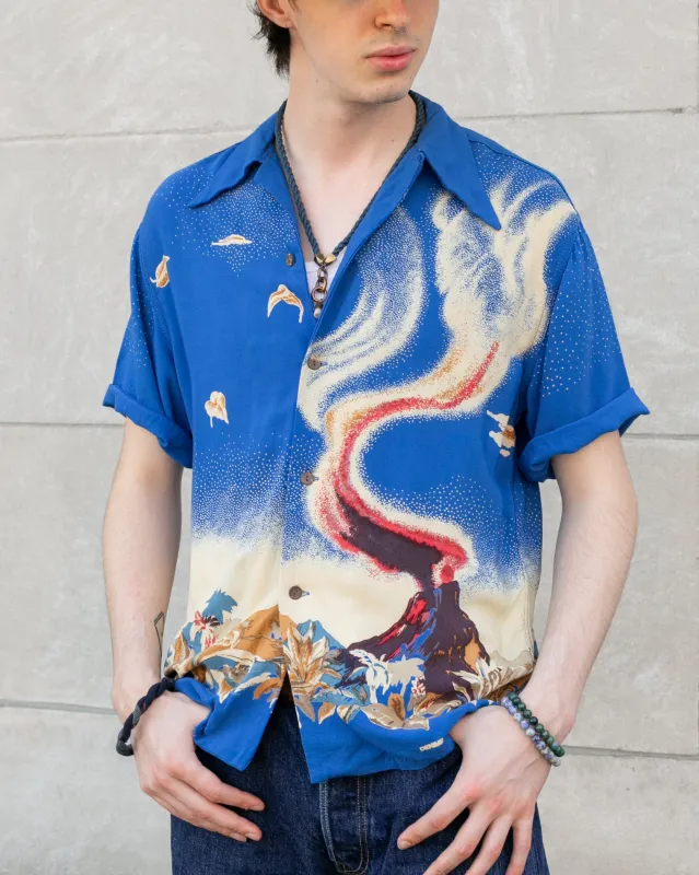 Japanese Repro, Short Sleeve Aloha Shirt, Denime Brand, Blue Volcano -  L sold by Kiriko