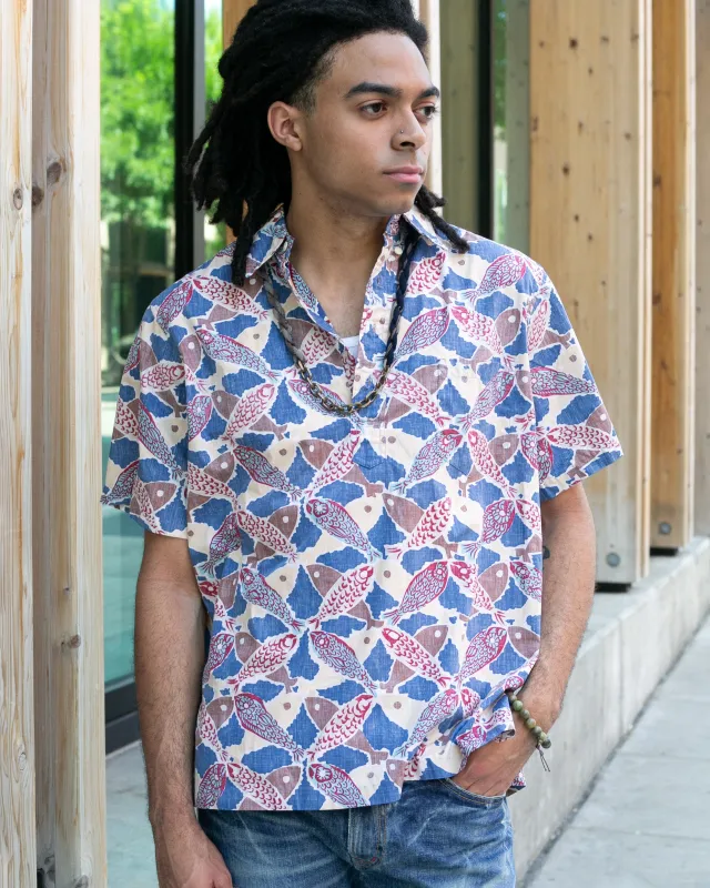 Japanese Repro, Short Sleeve Aloha Shirt, Reyn Spooner Brand, Blue and Cream Fish sold by Kiriko