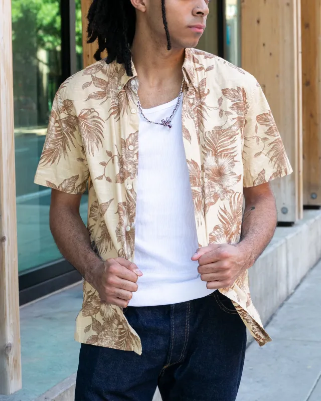 Japanese Repro, Short Sleeve Aloha Shirt, Hawaiian Aloha Tropical Brand, Cream and Brown Flowers and Leaves sold by Kiriko